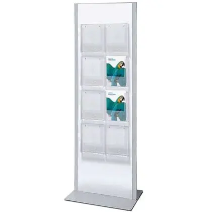 Brochurestander Totem - 8 rum A4 gulvmodel - SØLV/HVID