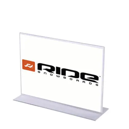 Menukortholder dobbeltsidet - bordskilt A7 bredformat - i klar akryl - T-stand A7B